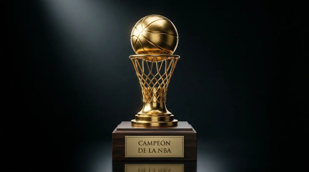 Trofeo Larry O'Brien de campeón de la NBA sobre fondo de parquet