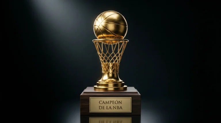 Trofeo Larry O'Brien de campeón de la NBA sobre fondo de parquet