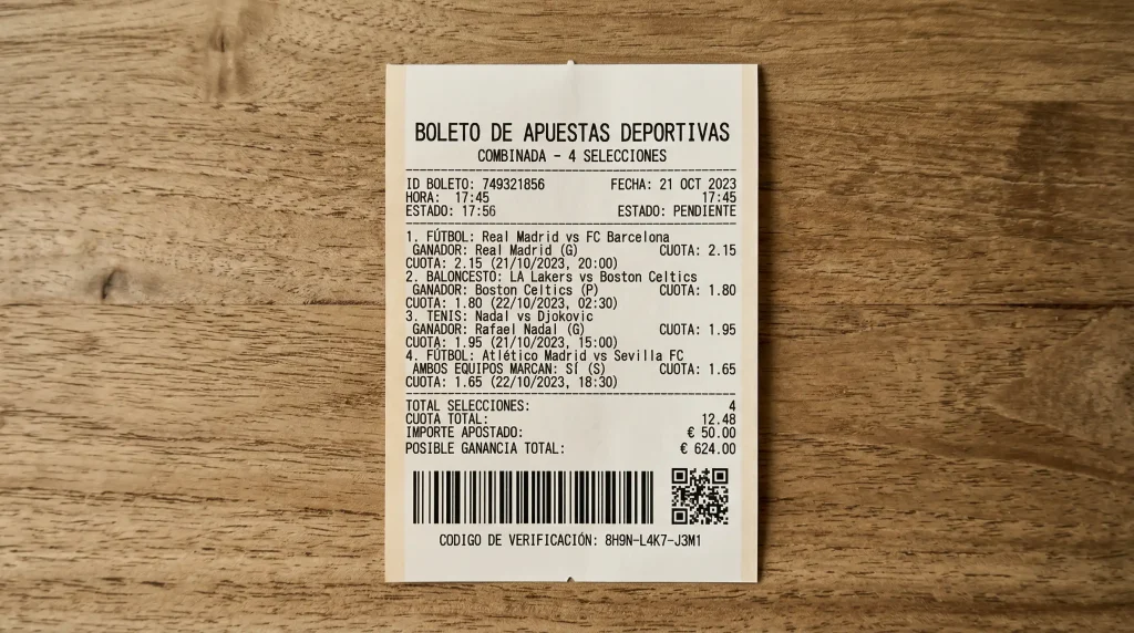 Boleto de apuestas deportivas con múltiples selecciones de partidos NBA