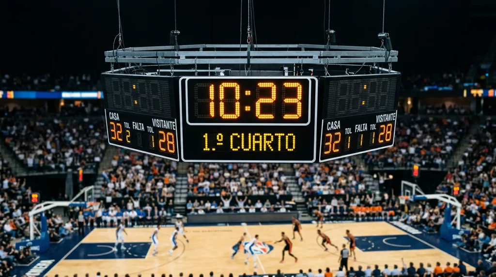 Reloj de partido NBA mostrando inicio del primer cuarto