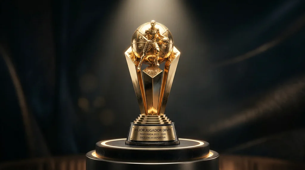 Trofeo MVP de la NBA sobre pedestal iluminado