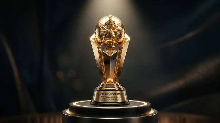 Trofeo MVP de la NBA sobre pedestal iluminado