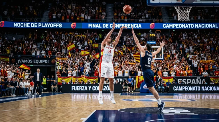 Cancha de baloncesto NBA preparada para partido de playoffs con público en las gradas