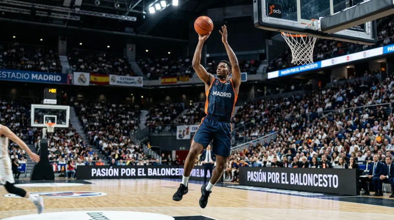Jugador de baloncesto NBA realizando un tiro en partido oficial