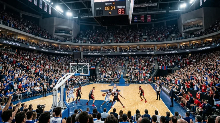 Estadio NBA lleno de aficionados viendo partido de alta audiencia