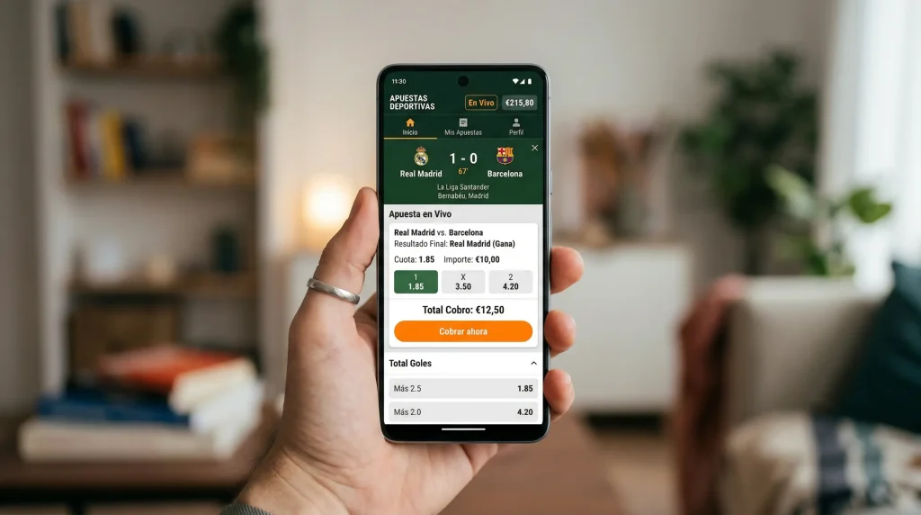 Pantalla de móvil mostrando opción de cash out en aplicación de apuestas