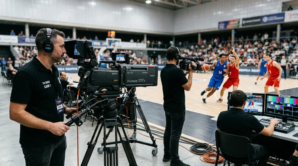 Cámaras de televisión transmitiendo partido de la NBA