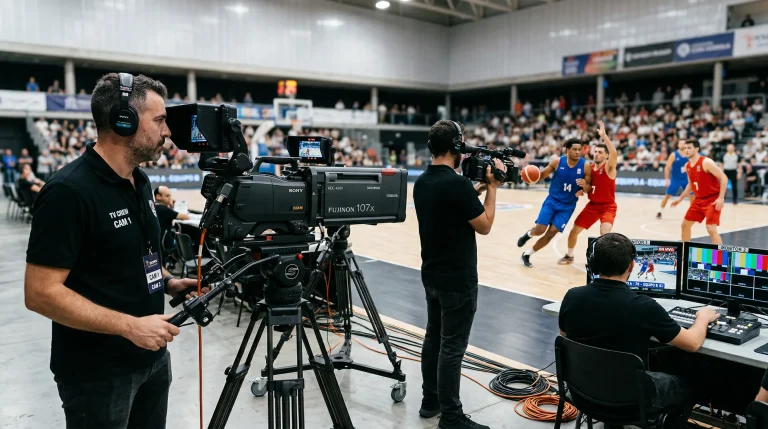 Cámaras de televisión transmitiendo partido de la NBA