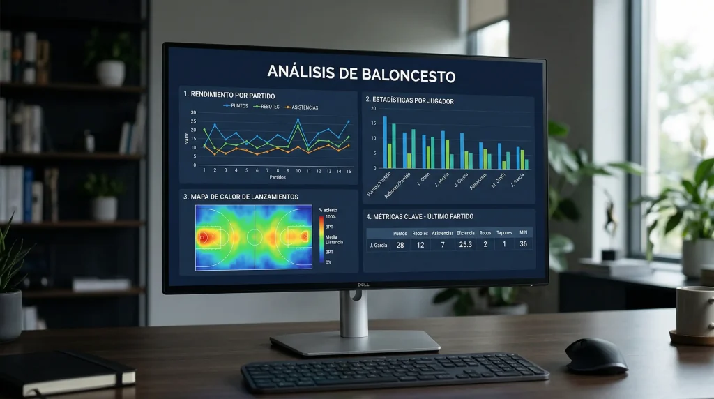 Pantalla de ordenador mostrando gráficos y estadísticas de baloncesto NBA