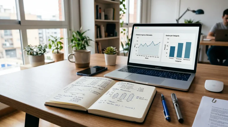 Libreta con cálculos de gestión de capital junto a ordenador con gráficos