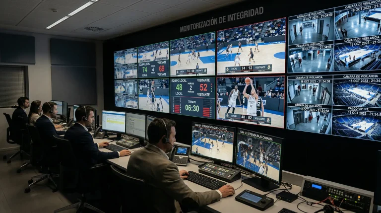 Sala de control con monitores vigilando partidos de baloncesto NBA