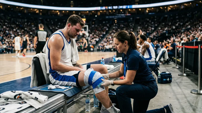 Jugador de baloncesto NBA en el banquillo con hielo en la rodilla
