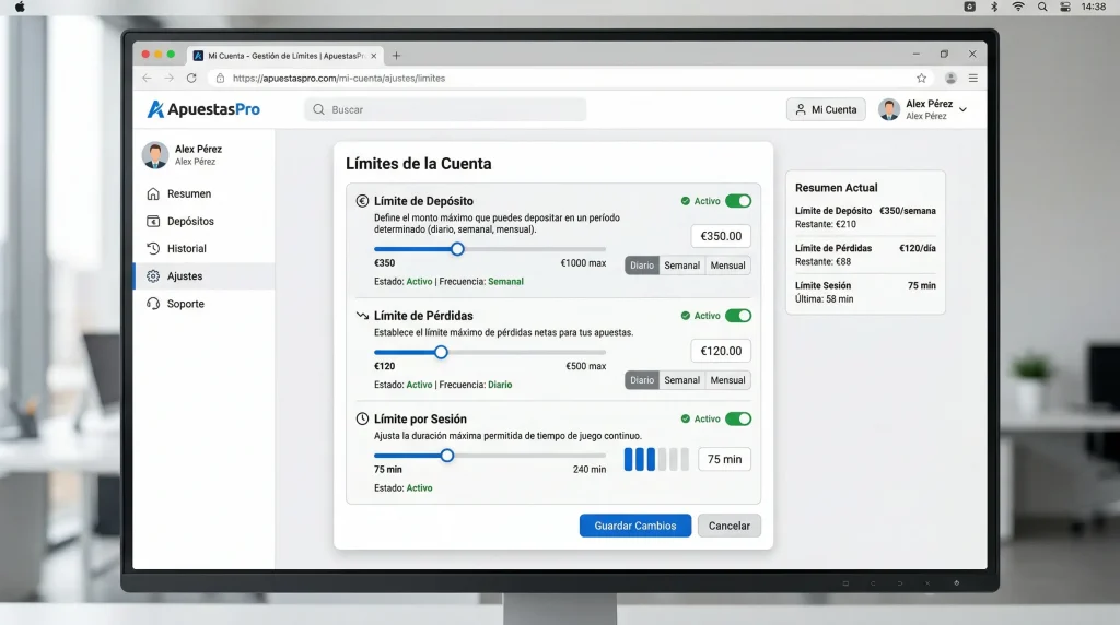 Panel de configuración de límites en cuenta de apuestas online