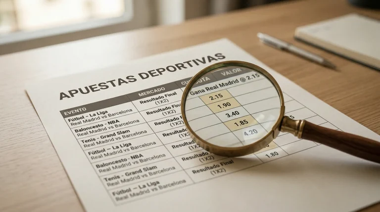 Lupa sobre tabla de cuotas de apuestas deportivas buscando valor